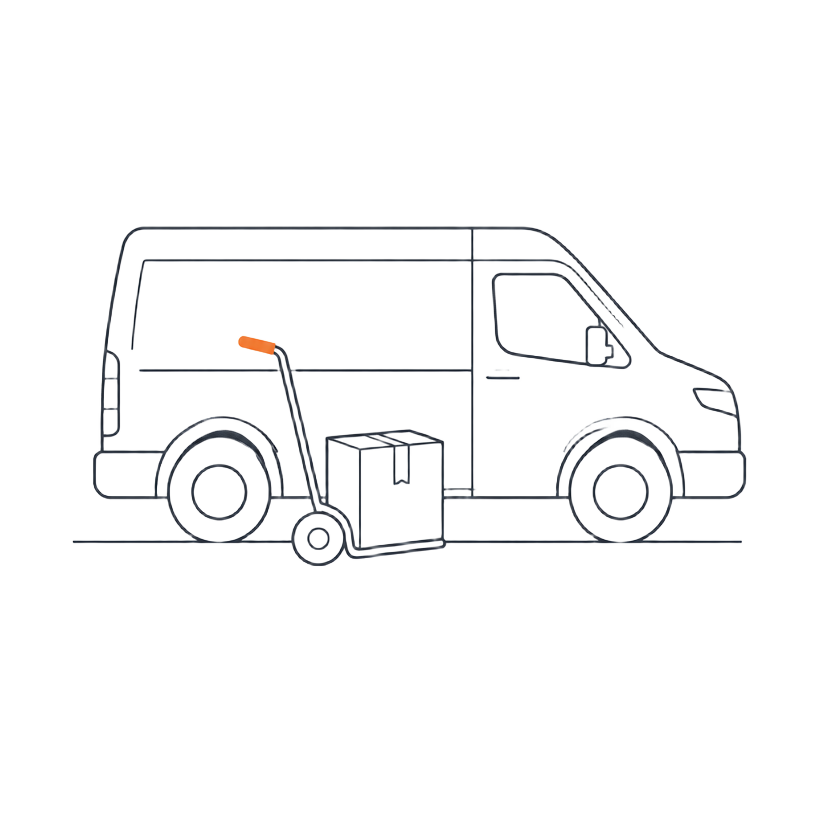 Line drawing of a delivery van with hand truck and box