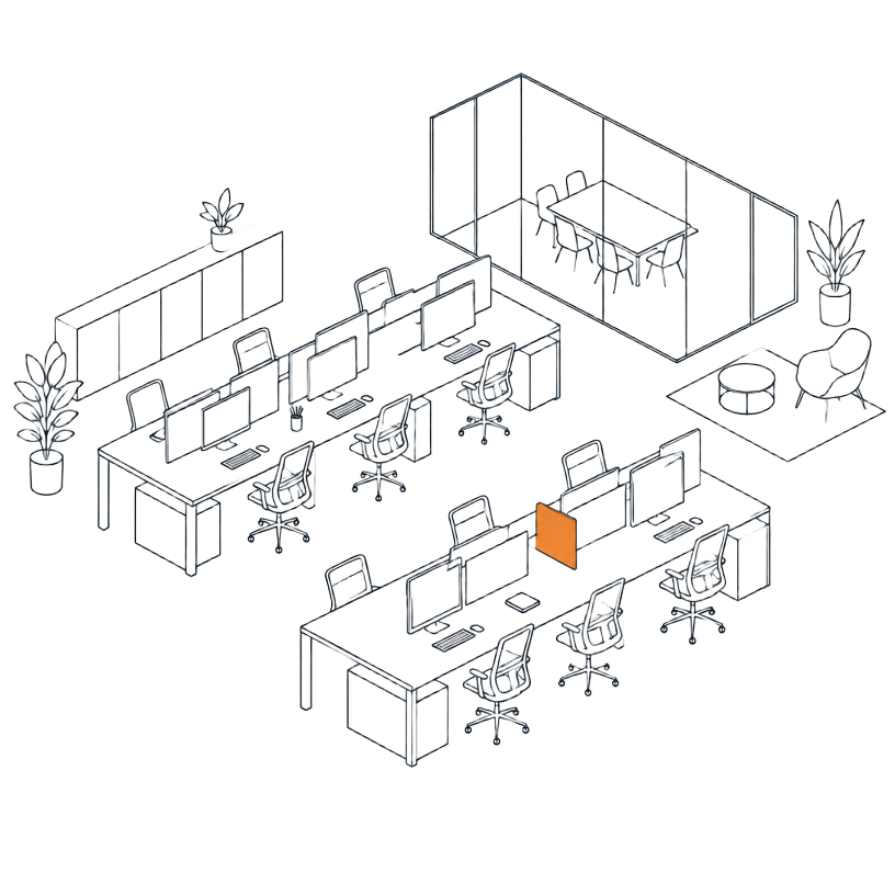 Line drawing of an open-plan office environment