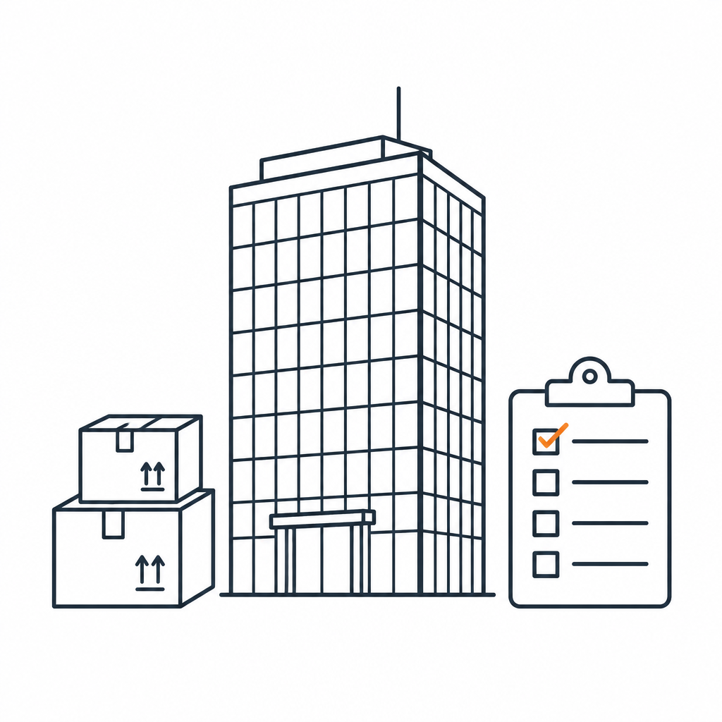 Line drawing of a government building with supply boxes