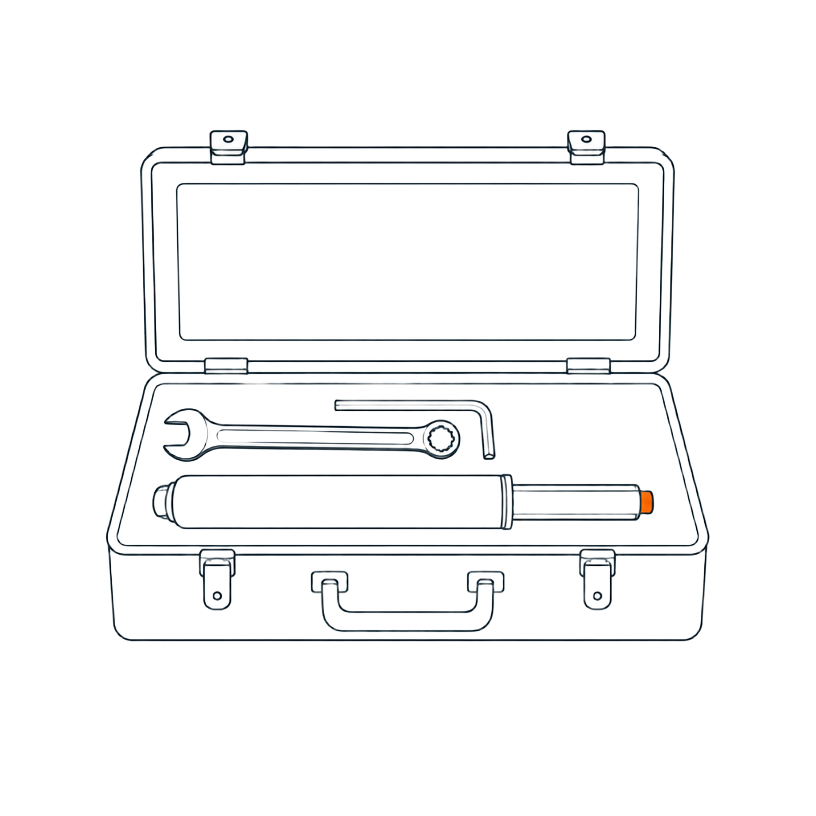Line drawing of an open toolbox with tools and spare parts